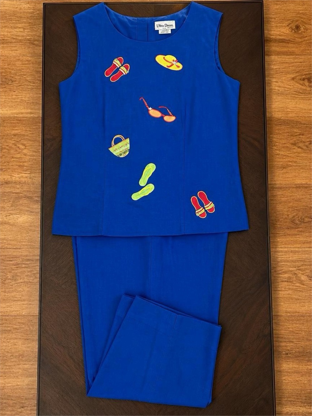 Vintage Ultra Dress 2 Piece Pants Set Size 16 Blue Embroidered Beach Linen Blend